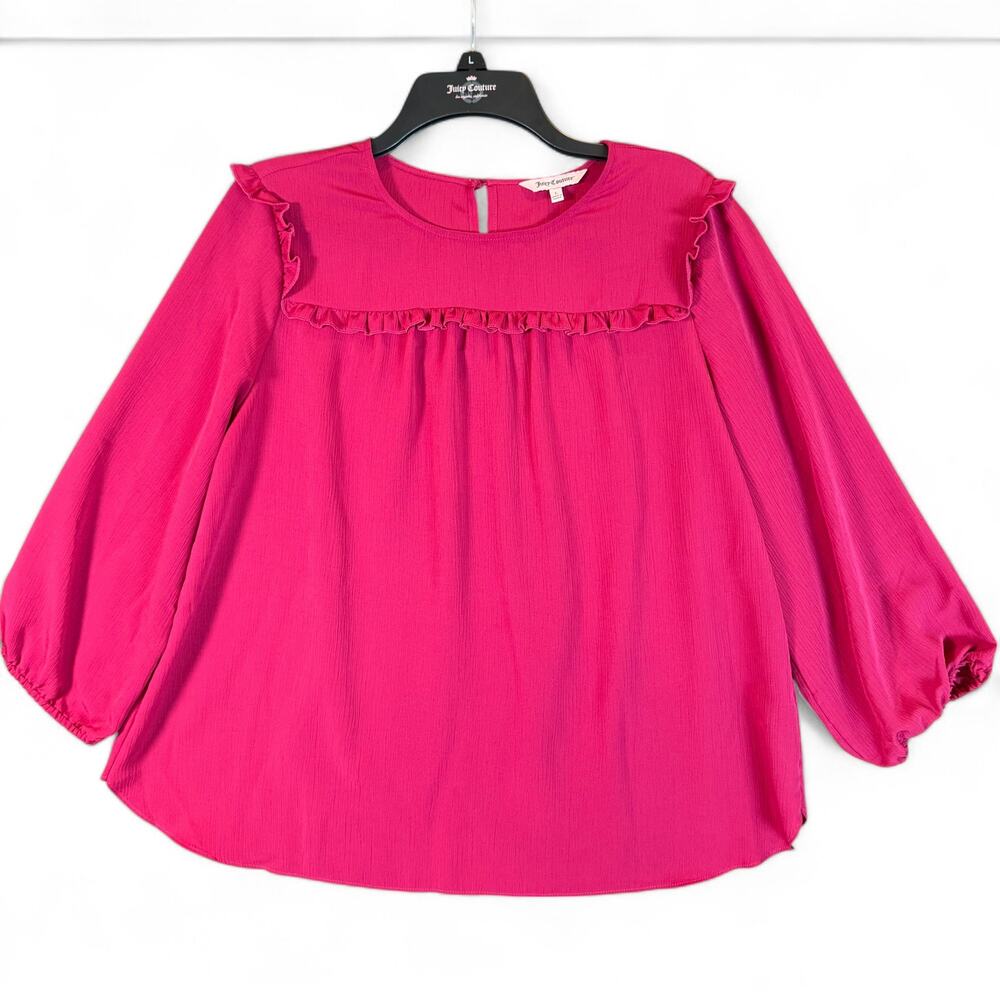 Juicy Couture Long Sleeve Blouse Hot Pink Barbiecore Feminine Y2K Ruffle Yoke L